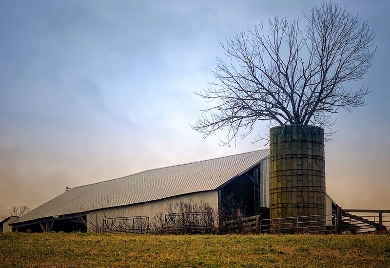 A barn and silo